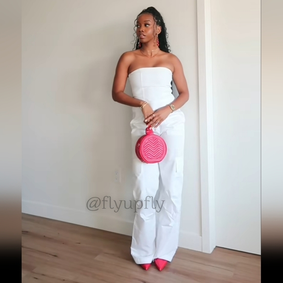 NWT Zara Strapless Utility Cargo Jumpsuit Wide White Long - Picture 6 of 16